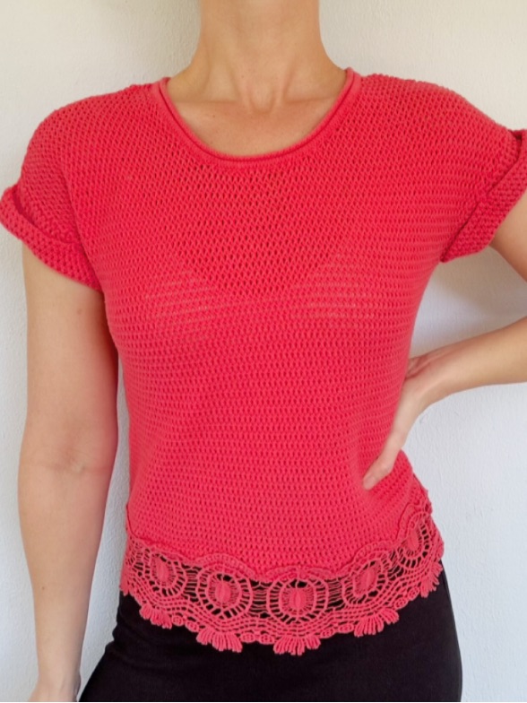 Democracy Coral Pink Crochet Knit Short Sleeve Semi-Sheer Lace Sweater Small